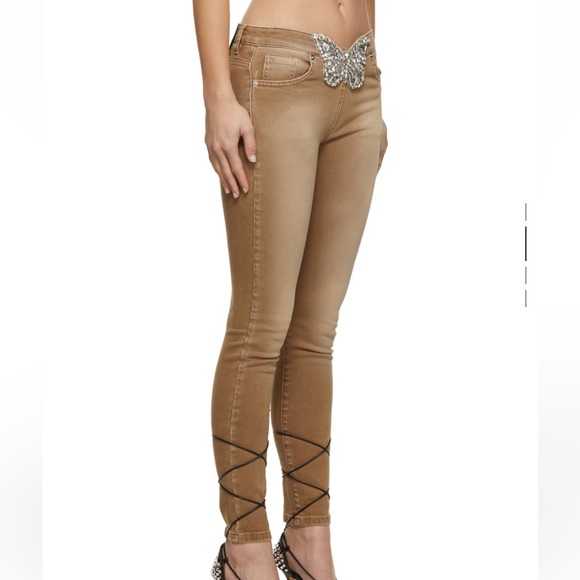 BLUMARINE runway Tan Butterfly Buckle Jeans Rhinestone rare 36 XS Small - Picture 2 of 11